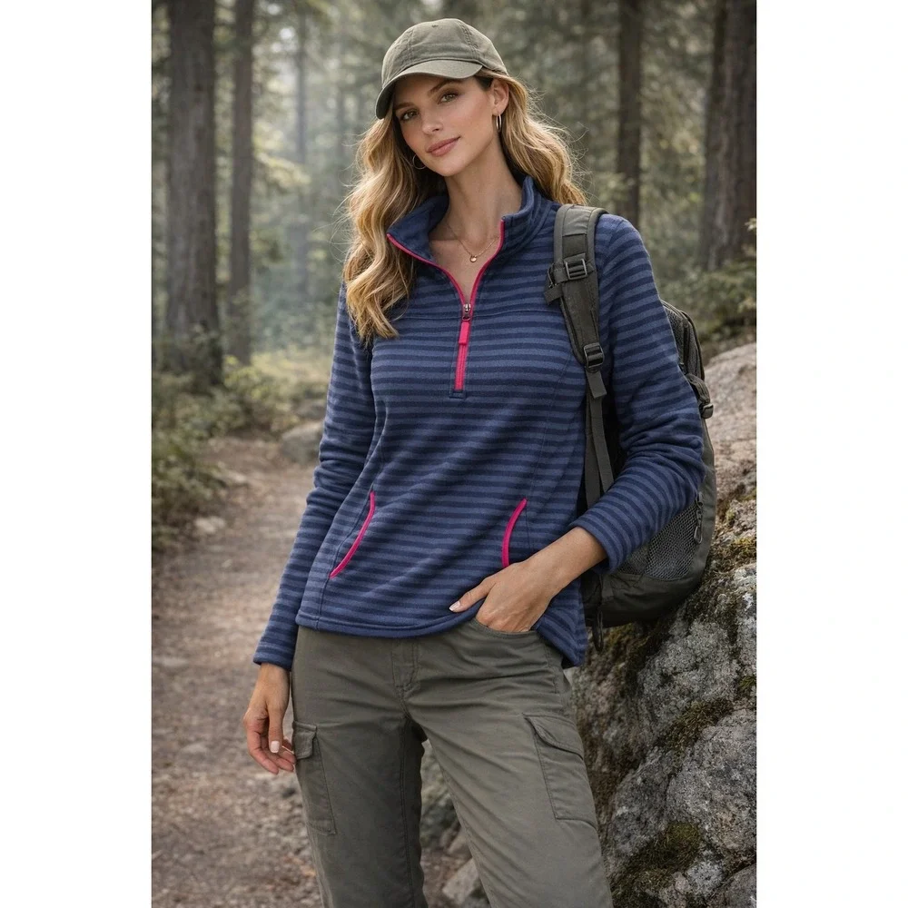 Columbia Womens Navy Blue Striped 1/4 Zip Fleece Pullover‎ Jacket Small outdoors